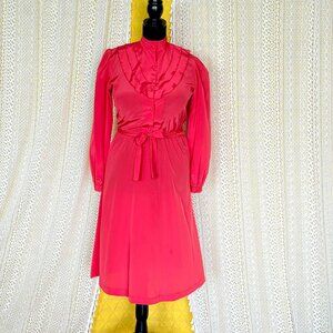 Vintage 1960s Coral Ruffle Secretary Midi Dress by The Orchid Shop Size S